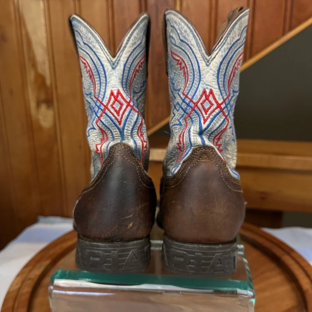 Ariat Kids Western Boots Brown Leather Blue Red Stitching Square Toe Size 1